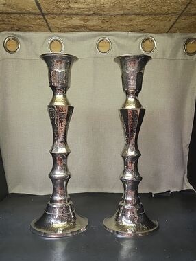 Set of 2 Elegant Expressions Nickle Hammered Mantel Candle Holders,
